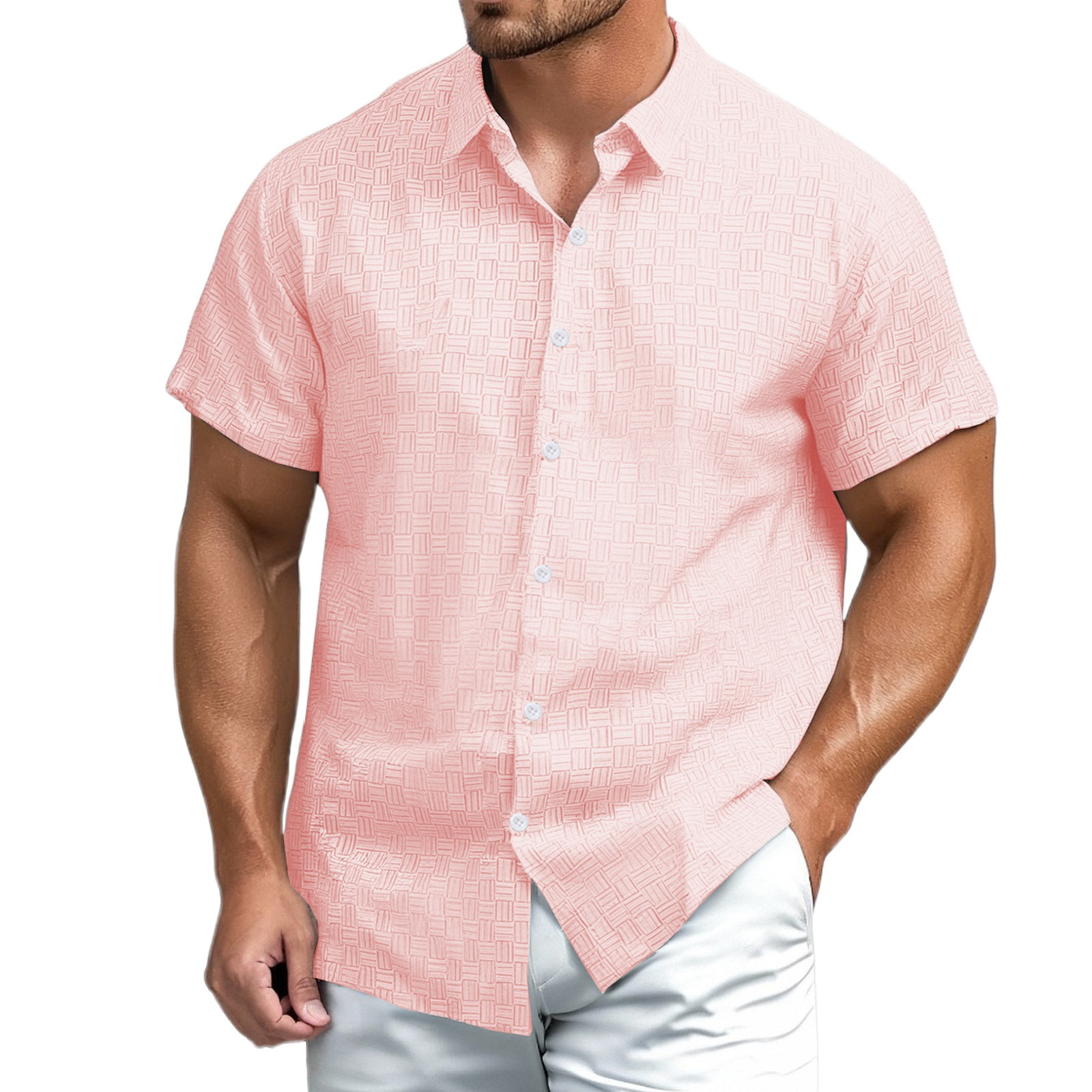 thumbnail image 4 of Camisa informal de manga corta de verano para hombre: poliéster spandex, color liso, transpirable, para todas las ocasiones, fácil de cuidar (S-XXXL), 4 of 8